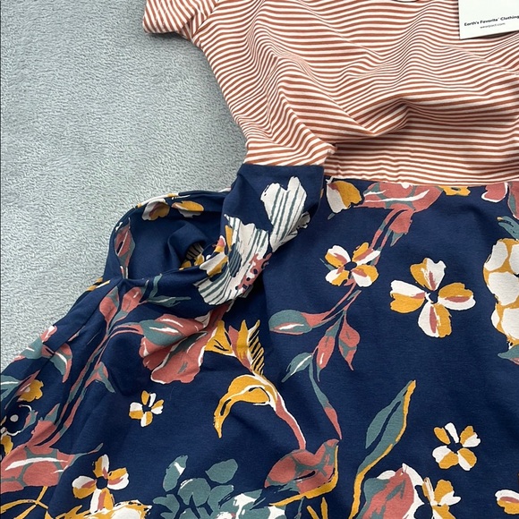 NEW PACT S Shell Stripe/Floral Charm Navy Helena Crossback Mini Dress Pockets - Picture 4 of 13